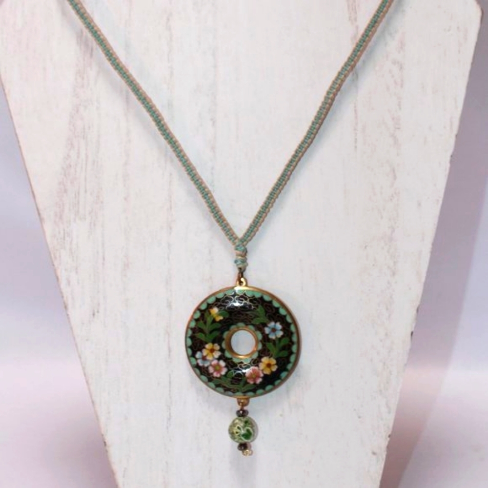 Vintage Cloisonne Enamel Donut Pendant on Macrame Chain